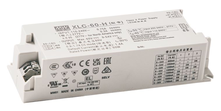 XLC-60, Flicker free LED-driver med konstant -strøm eller -udgangsspænding, fra MEAN WELL. Forhandler er Power Technic. Ring 70 208 210 for mere information.